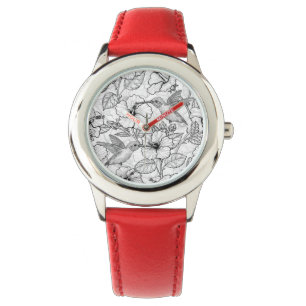Hummingbirds and hibiscus flowers b&w watch