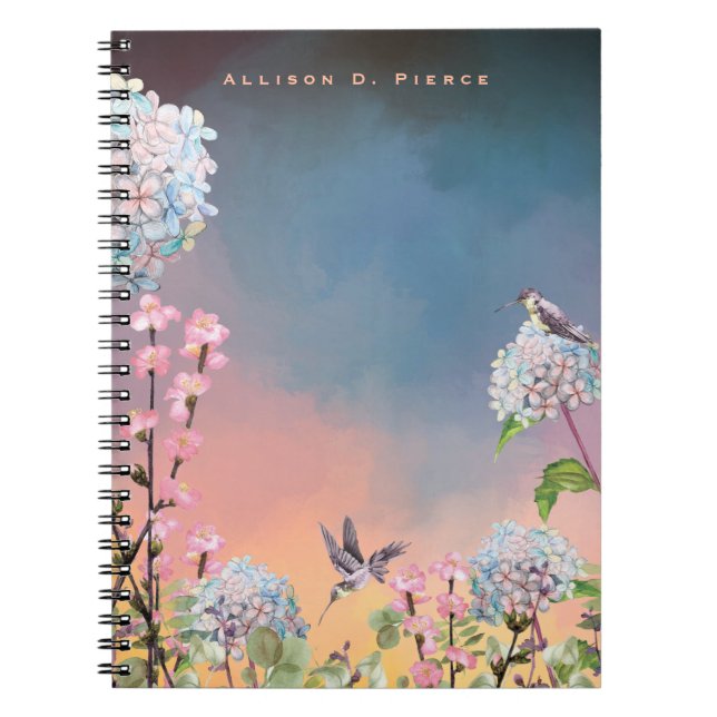 Hummingbirds and Hydrangeas | Colourful Glowing Sk Notebook (Front)
