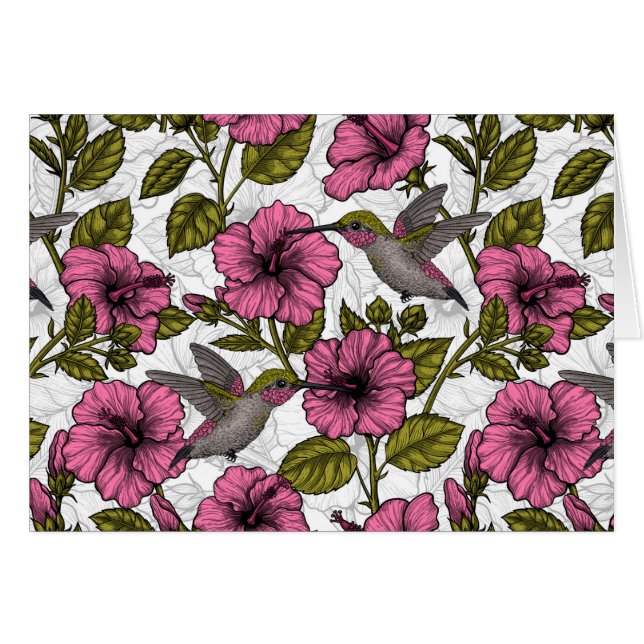 Hummingbirds and pink hibiscus flowers (Front Horizontal)