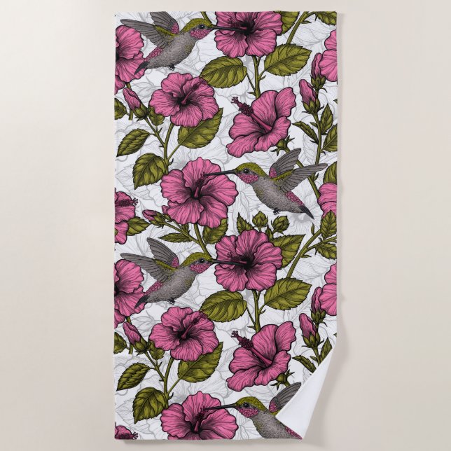 Hummingbirds and pink hibiscus flowers beach towel (Front)