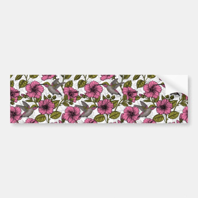 Hummingbirds and pink hibiscus flowers bumper sticker (Front)