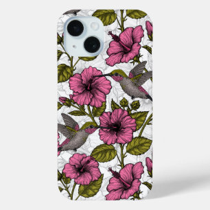 Hummingbirds and pink hibiscus flowers iPhone 15 case