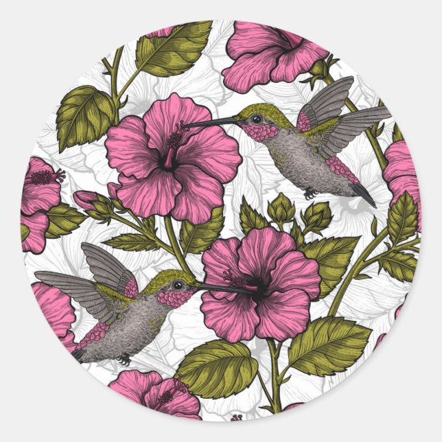 Hummingbirds and pink hibiscus flowers classic round sticker (Front)