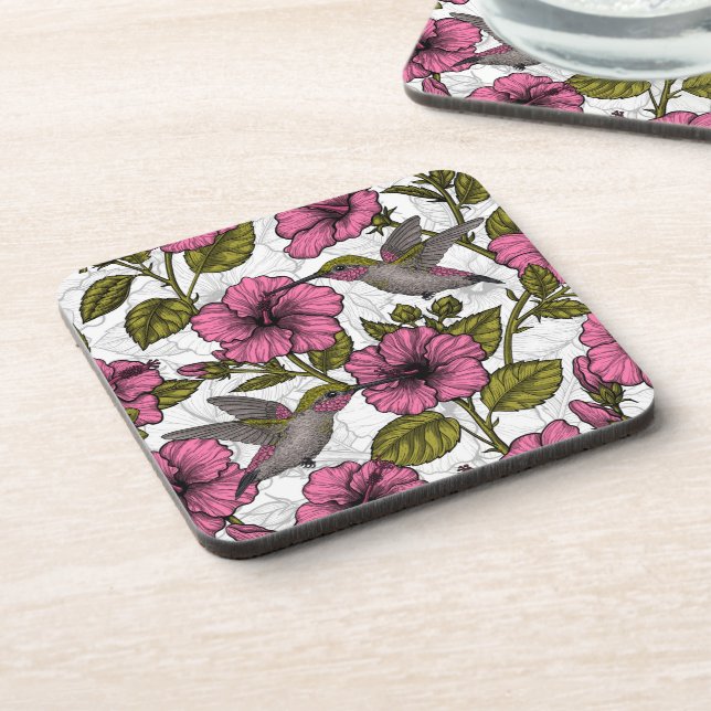 Hummingbirds and pink hibiscus flowers coaster (Left Side)