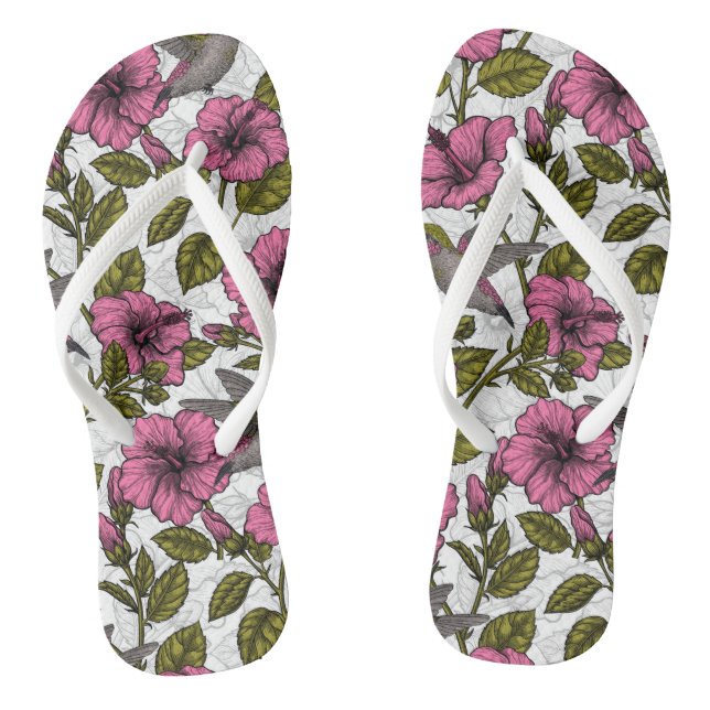 Hummingbirds and pink hibiscus flowers flip flops (Footbed)