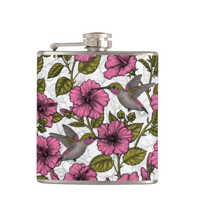 Hummingbirds and pink hibiscus flowers hip flask (Front)