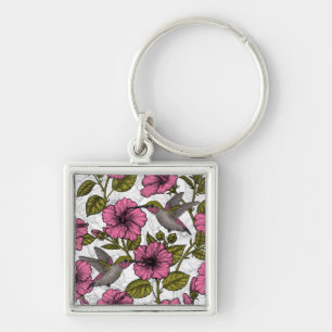 Hummingbirds and pink hibiscus flowers key ring