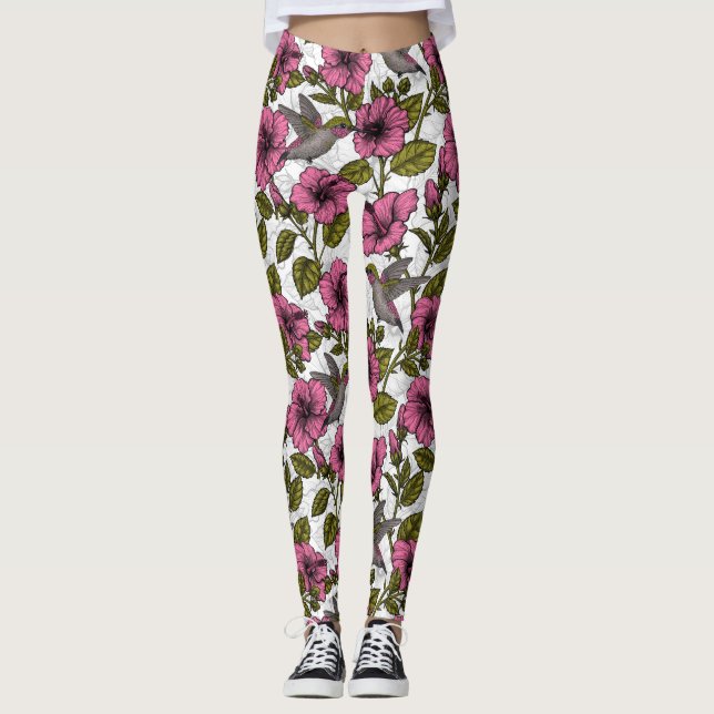 Hummingbirds and pink hibiscus flowers leggings (Front)