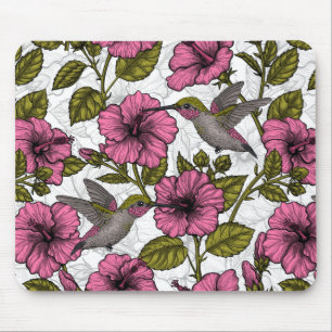 Hummingbirds and pink hibiscus flowers mouse mat