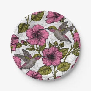 Hummingbirds and pink hibiscus flowers paper plate