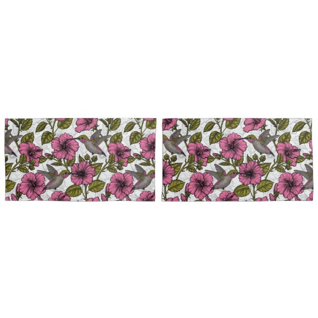 Hummingbirds and pink hibiscus flowers pillowcase (Front-Set)