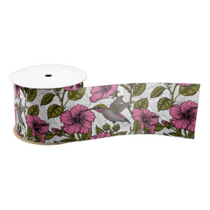 Hummingbirds and pink hibiscus flowers satin ribbon