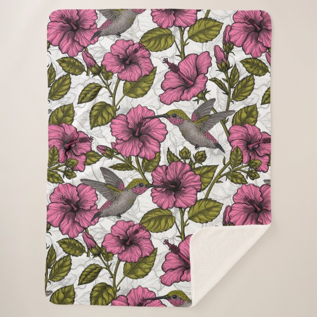 Hummingbirds and pink hibiscus flowers sherpa blanket (Front)