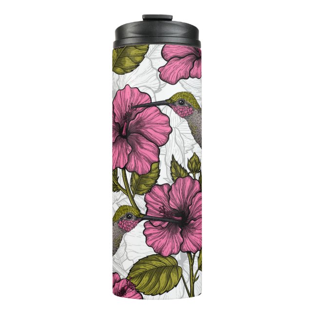 Hummingbirds and pink hibiscus flowers thermal tumbler (Front)