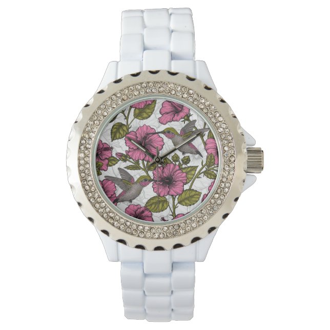 Hummingbirds and pink hibiscus flowers watch (Front)