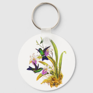 Hummingbirds and Purple Orchids Key Ring