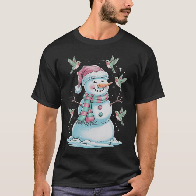 Hummingbirds And Snowman For Animal Lovers  T-Shirt (Front)