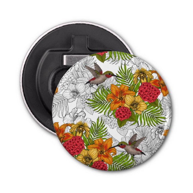 Hummingbirds and tropical bouquet bottle opener (Front)