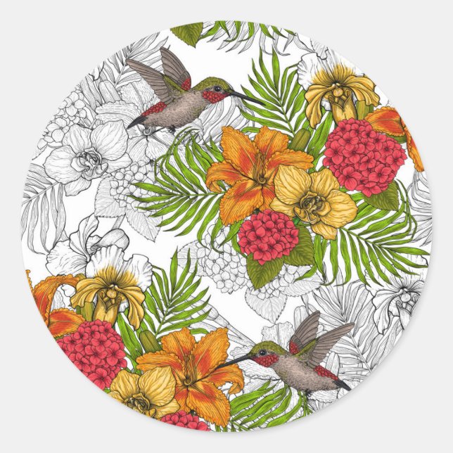 Hummingbirds and tropical bouquet classic round sticker (Front)