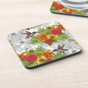 Hummingbirds and tropical bouquet coaster