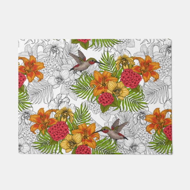 Hummingbirds and tropical bouquet doormat (Front)
