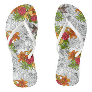 Hummingbirds and tropical bouquet flip flops