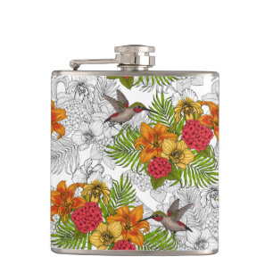 Hummingbirds and tropical bouquet hip flask