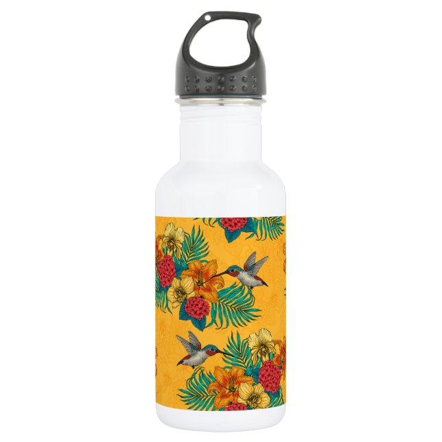 Hummingbirds and tropical bouquet in yellow 532 ml water bottle (Front)