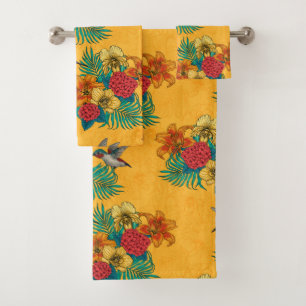 Hummingbirds and tropical bouquet in yellow bath towel set