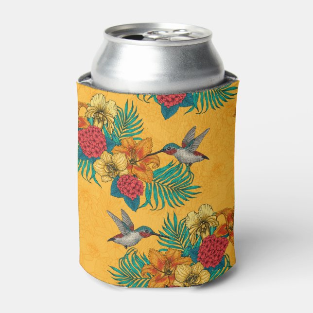 Hummingbirds and tropical bouquet in yellow can cooler (Can Front)