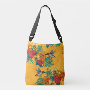 Hummingbirds and tropical bouquet in yellow crossbody bag