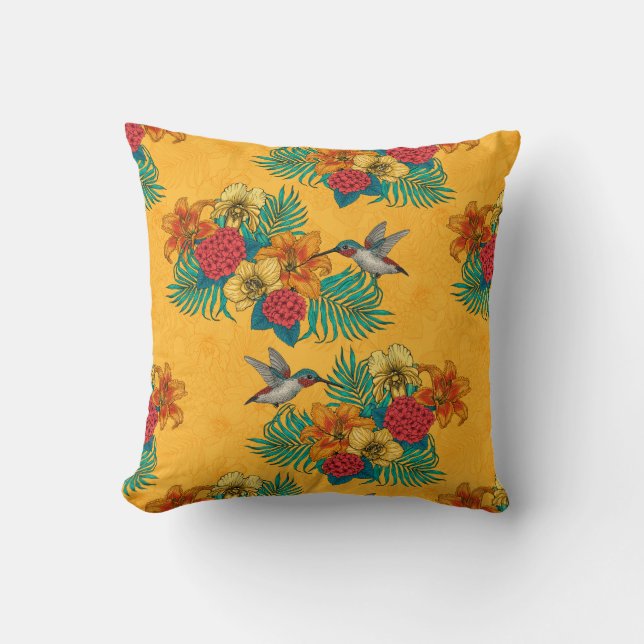 Hummingbirds and tropical bouquet in yellow cushion (Front)