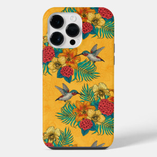 Hummingbirds and tropical bouquet in yellow iPhone 14 pro max case
