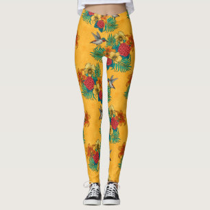 Hummingbirds and tropical bouquet in yellow leggings
