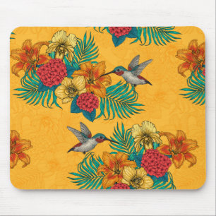 Hummingbirds and tropical bouquet in yellow mouse mat