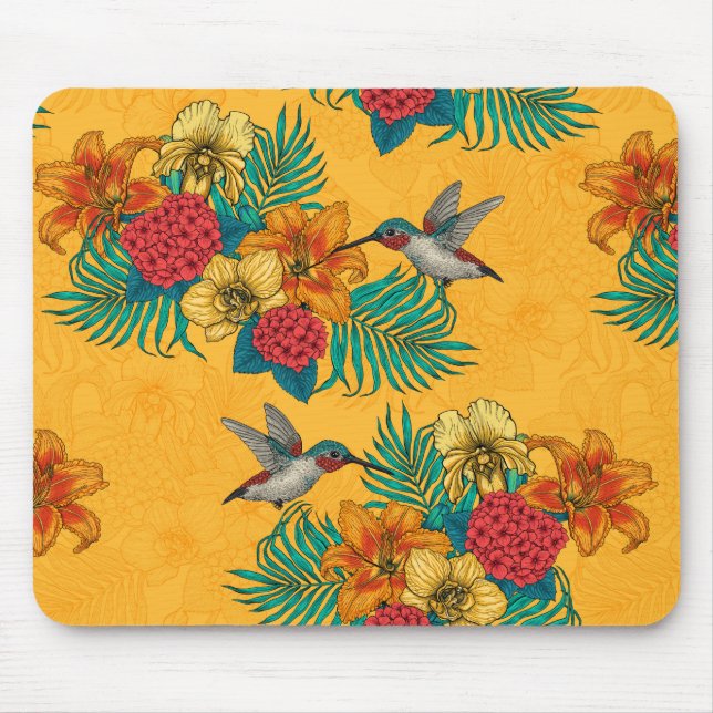 Hummingbirds and tropical bouquet in yellow mouse mat (Front)