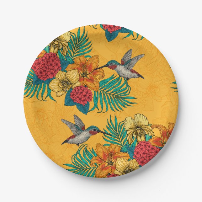Hummingbirds and tropical bouquet in yellow paper plate (Front)