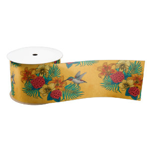 Hummingbirds and tropical bouquet in yellow satin ribbon