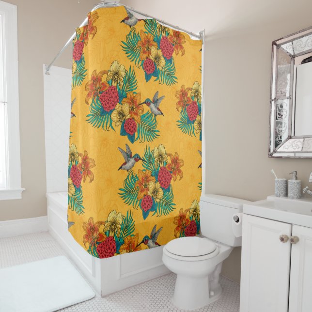 Hummingbirds and tropical bouquet in yellow shower curtain (In Situ)