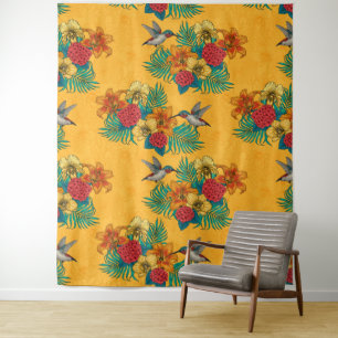 Hummingbirds and tropical bouquet in yellow tapestry