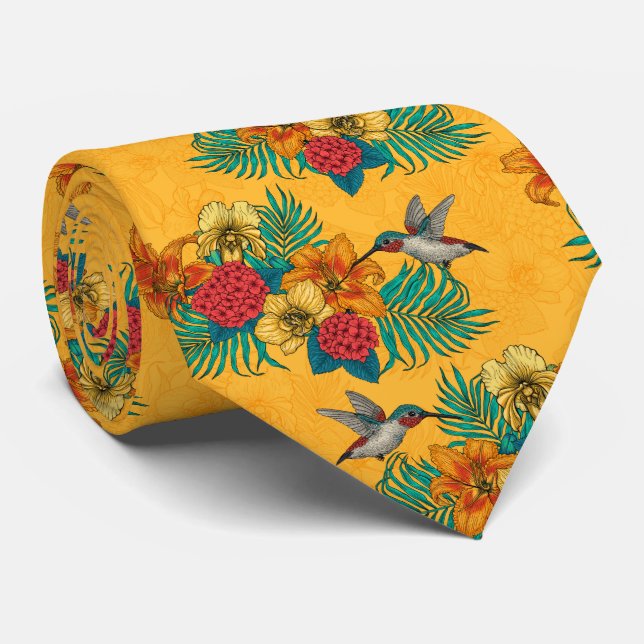 Hummingbirds and tropical bouquet in yellow tie (Rolled)