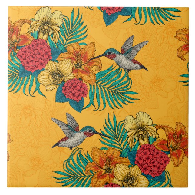 Hummingbirds and tropical bouquet in yellow tile (Front)