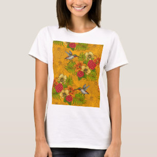 Hummingbirds and tropical bouquet on green T-Shirt