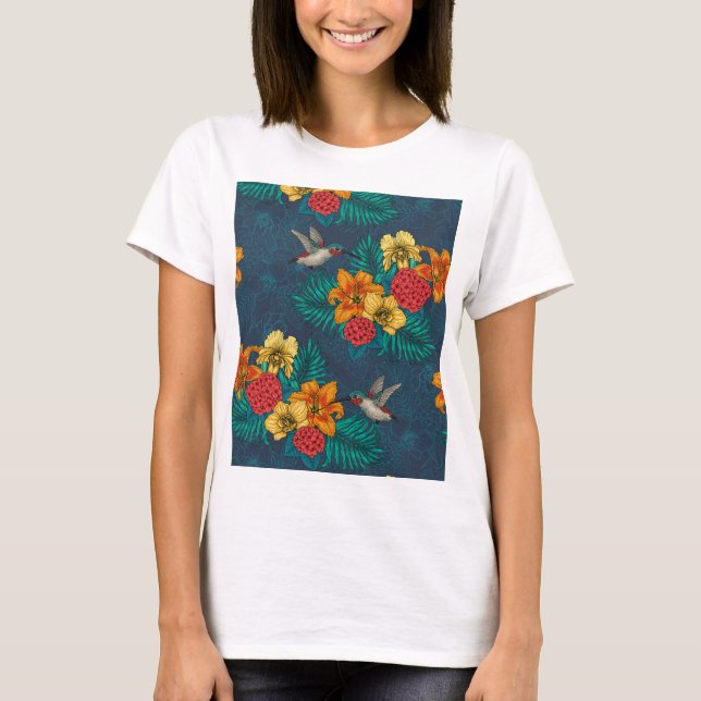 Hummingbirds and tropical bouquet on green T-Shirt (Front)