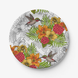 Hummingbirds and tropical bouquet paper plate
