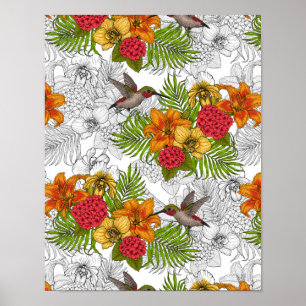 Hummingbirds and tropical bouquet poster