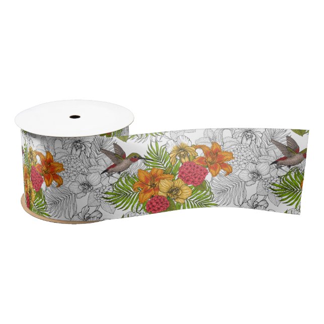 Hummingbirds and tropical bouquet satin ribbon (Spool)