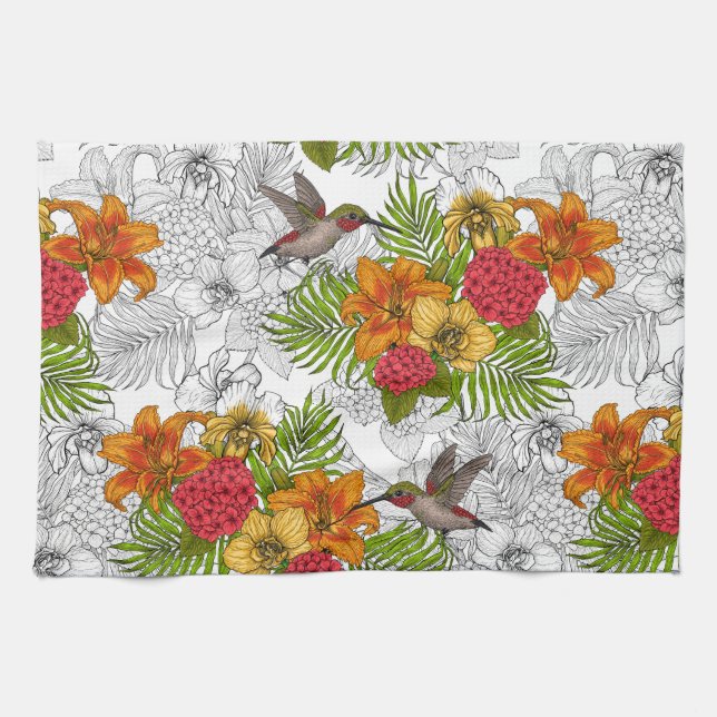 Hummingbirds and tropical bouquet tea towel (Horizontal)