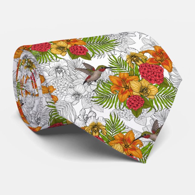 Hummingbirds and tropical bouquet tie (Rolled)