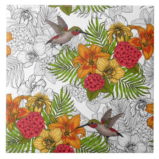 Hummingbirds and tropical bouquet tile (Front)